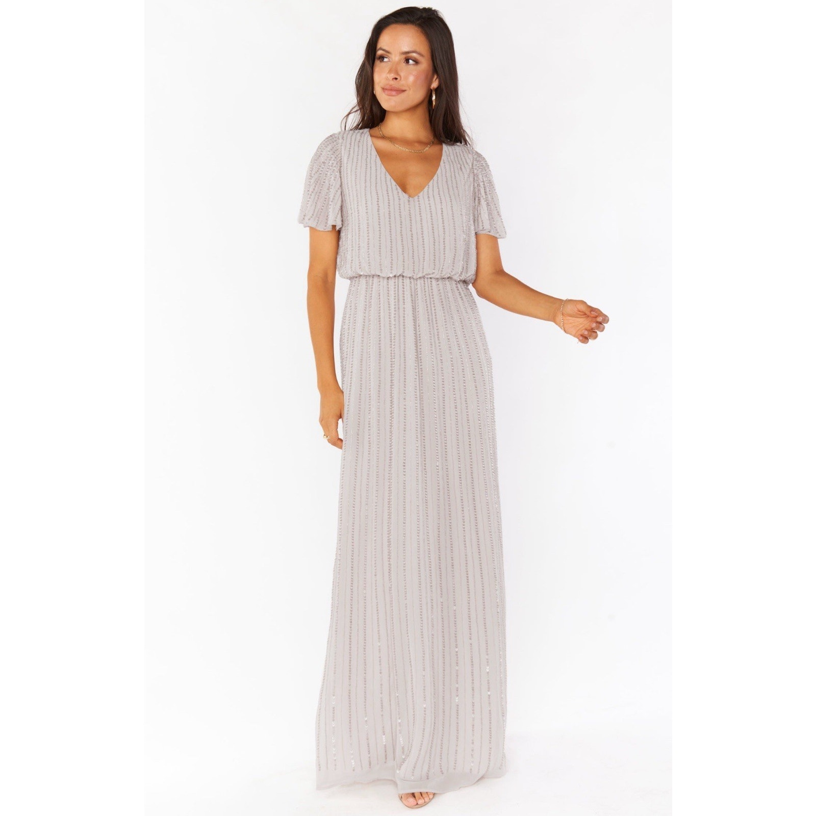 Show Me Your Mumu Michelle Flutter Maxi Dress Dove Grey Beaded Sz Xxs, Wedding